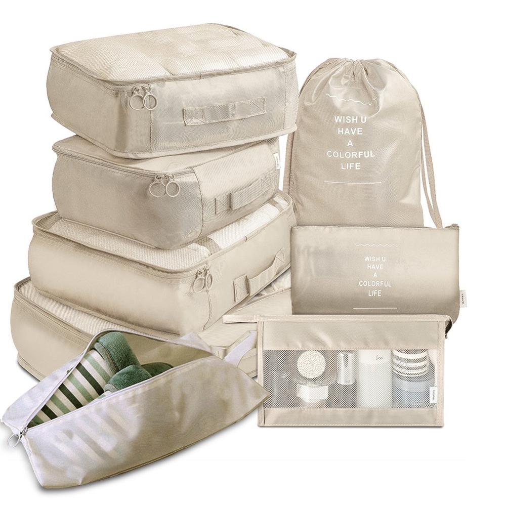 8 stk / sæt rejsetøj klassificering opbevaringspose til emballering af terningsko undertøj toiletartikler arrangørpose rejsetilbehør: Beige