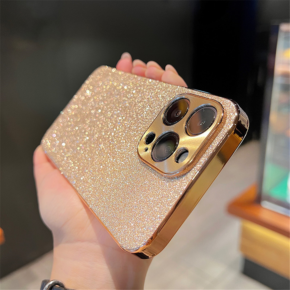 Luxury Plating Bling Glitter Rhinestones Gem Diamond Phone Case For iPhone 16 15 13 12 11 14 Pro Max Camera Protection Cover: Denim / Gold