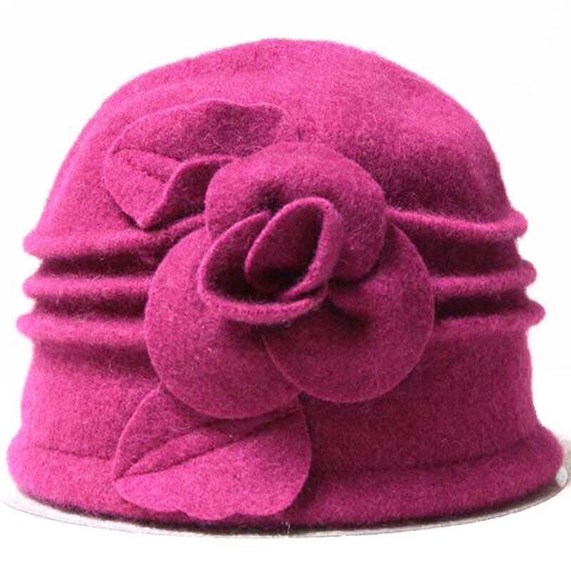 Chapeau melon cloche pour femme, 100%  chapeaux derby en feutre de laine avec fleur, bleu, rouge, kaki, gris, noir, rose