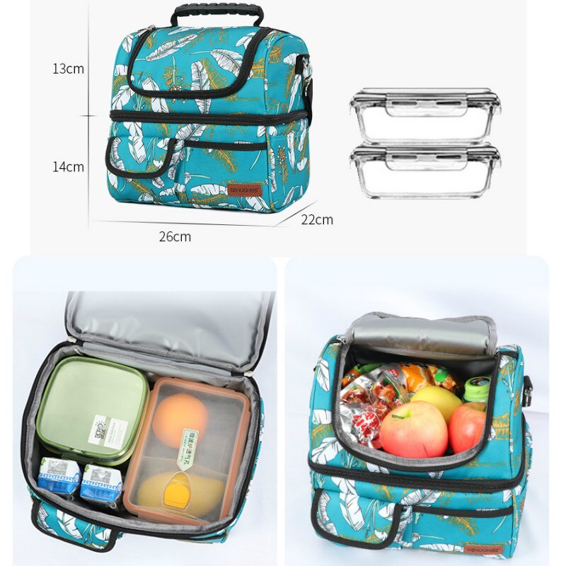 DENUONISS Druck Frauen Mittagessen Tasche Faltbare Tragbare Damen 2 Fach Picknick Tasche Isolierte Thermische Kühltasche Für Lebensmittel