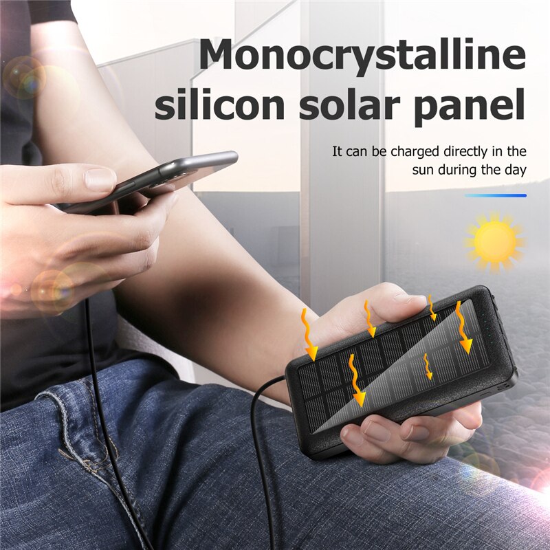 100000 Mah Solar Power Bank Draagbare Opladen Powerbank Externe Batterij Oplader Powerbank Met 4 Kabels Led Zaklamp