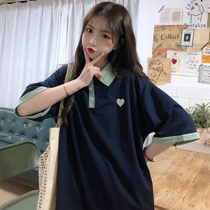 Sommer slanke kvinder poloshirts kortærmede bomuldsskjorter kvinder toppe kvinder t-shirts kvinde toppe solide polo shirts: Marine blå / Xxl