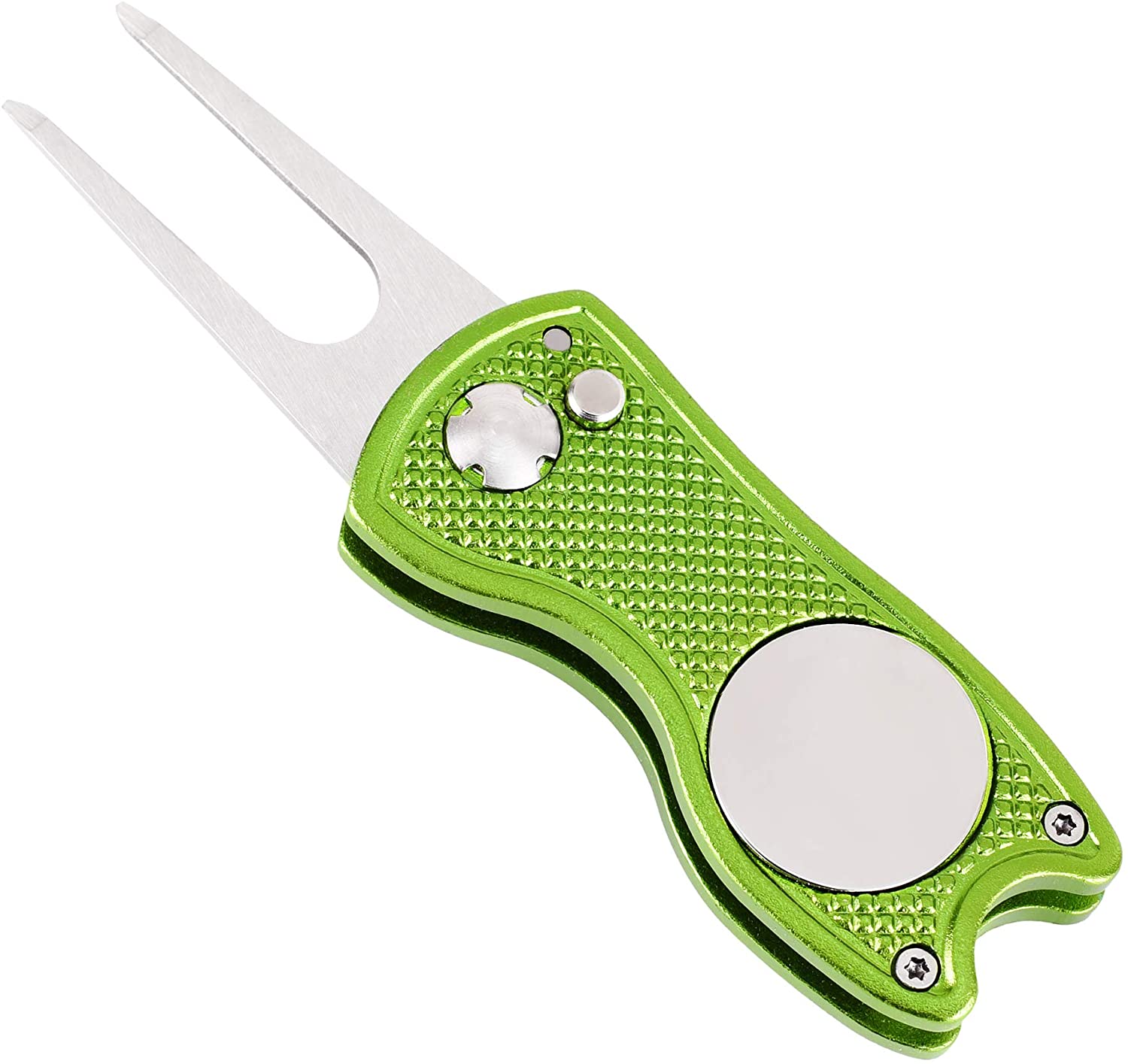 Mile High Life All Metal Foldable Golf Divot Tool with Pop-up Button & Magnetic Ball Marker (Multi-Colors/Shape): Lime Green Fish