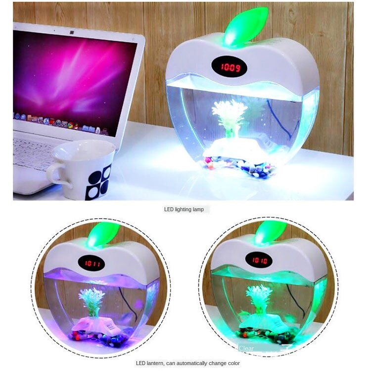 Meget gennemsigtig mini sød æble fisketank bærbar smart usb glas akvarium kontorbord lille akvaryum