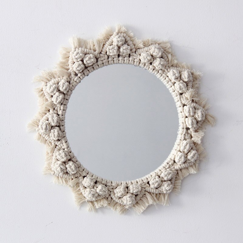 Tapisserie murale suspendue en macramé | Décoration murale en macramé, tapisserie avec nœud en tricot, miroir rond style bohème, décorations: C