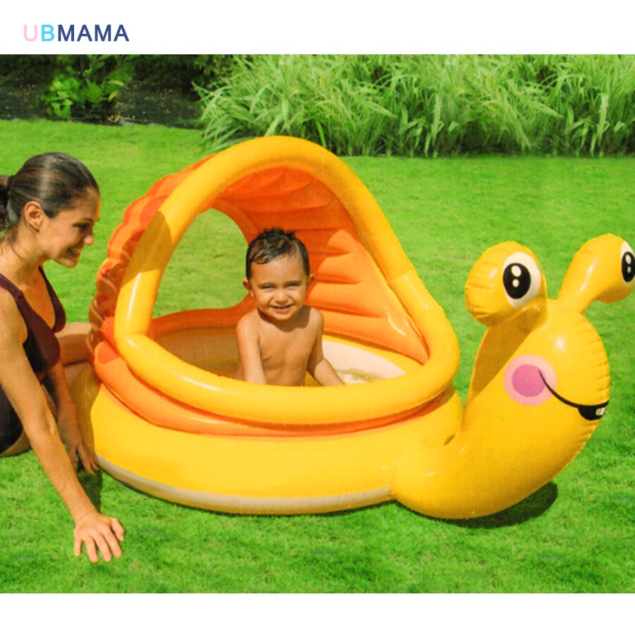 Leuke gele kind zwembad cartoon slak vorm plastic PVC met luifel ramen baby oceaan ballenbad baby spelen zand zwembaden