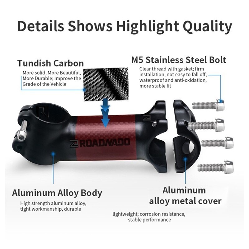 ROADNADO MTB Bike Stem Carbon Fiber+Aluminum Alloy Bicycle Handlebar Stem Road Bike Stem 6/17 Degree 60/70/80/90/100/110MM
