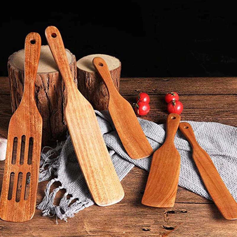 5pcs Wooden Spurtle Non Stick Cooking Spatula Stirring Paddle Slotted Spurtle Kitchen Utensil Set Heat Resistant Cookware