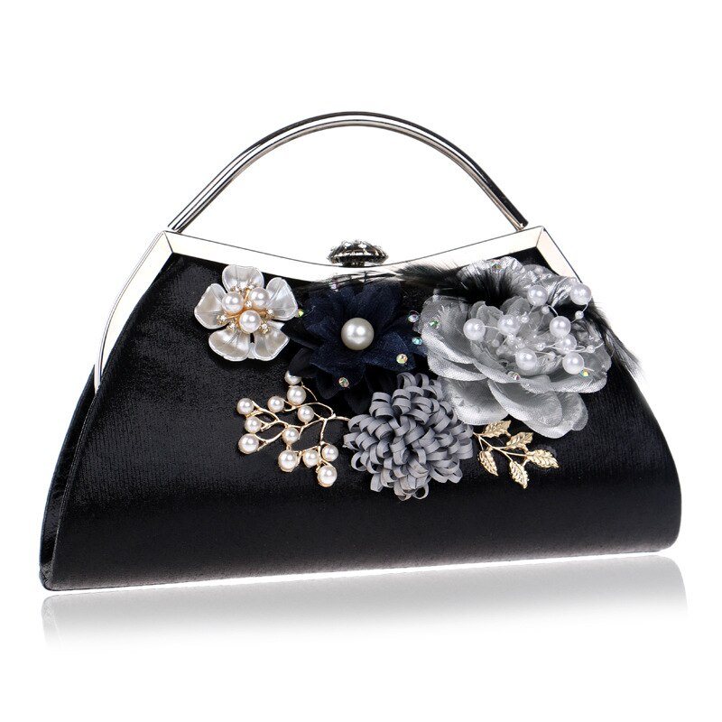Bloemen dames avondtassen blad diamanten kralen handgemaakte stijl dames clutch portemonnee avondtassen dames kettingen handtas: Zwart