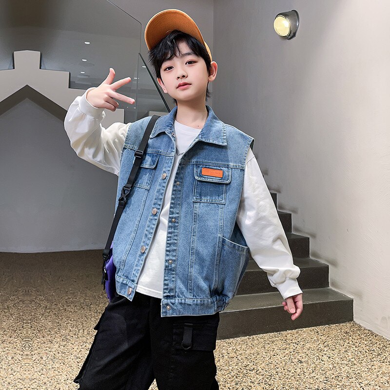 Chaleco vaquero para adolescentes y niños, ropa informal para primavera y otoño, chaqueta sin mangas, Tops para adolescentes, azul