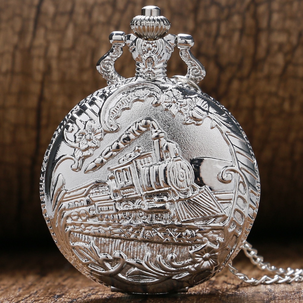Classic Silver Pocket Watch Train Front Locomotive Engine Necklace Pendant Chain Quartz Analog Fob Watch reloj de bolsillo