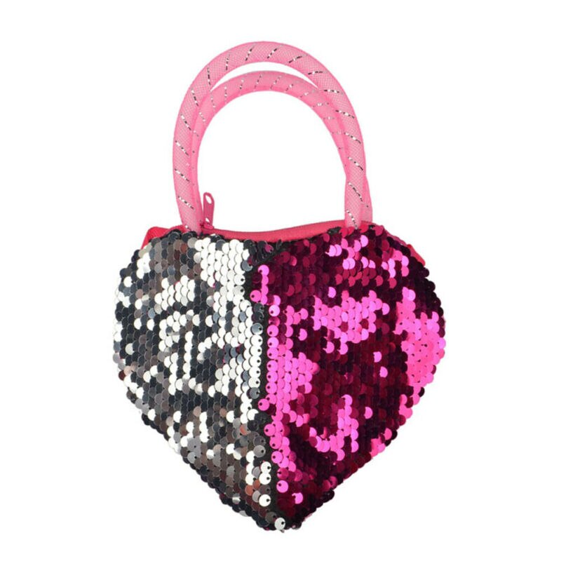 Sweet Girls Kid Sequin Heart Shaped Ribbon Long Strap Purse Coin Handbag Pocket Bag