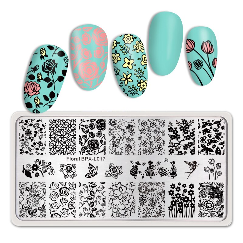 BORN PRETTY Rectangle Nail Stamping Plates Stainless Steel Simple High Nail Stamp Templates Flower tango-L003: BPX-L017