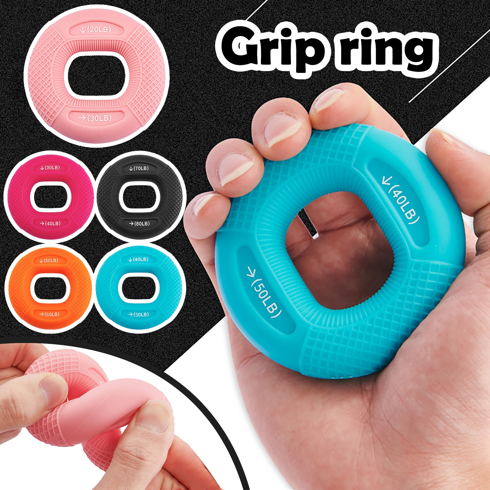 Grip Strength Trainer Ring Silicone Adjustable Hand Grip 20-80LB Gripping Ring Finger Forearm Trainer Carpal Expander Muscle
