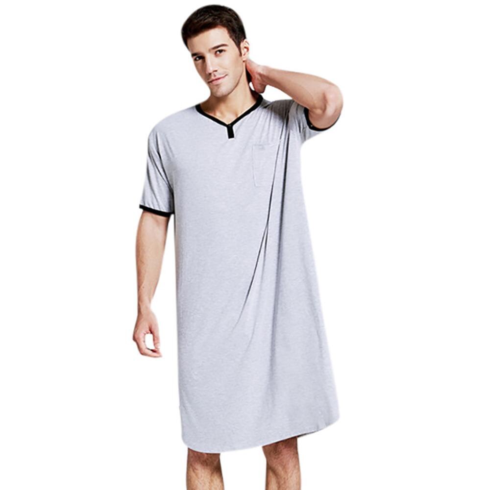 Summer Thin Sleep Tops Men Breathable Lengthened O-neck Soft Sleepwear Solid Color Short Sleeve Comfortable Home Service: Gray / XXL