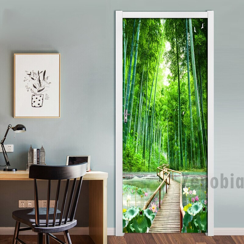 3D Muur Deur Sticker Bamboe Bos Brug Behang Woonkamer Slaapkamer Home Decor Plakken Pvc Zelfklevende Waterdichte 3D muurschildering: 95x215cm