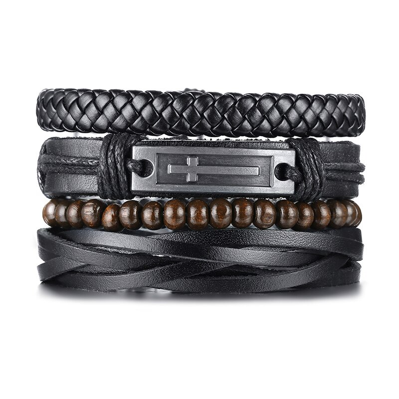 4 Stks/set Mannen Multilayer Gevlochten Armband Bohemian Stijl Wrap Bangle: black