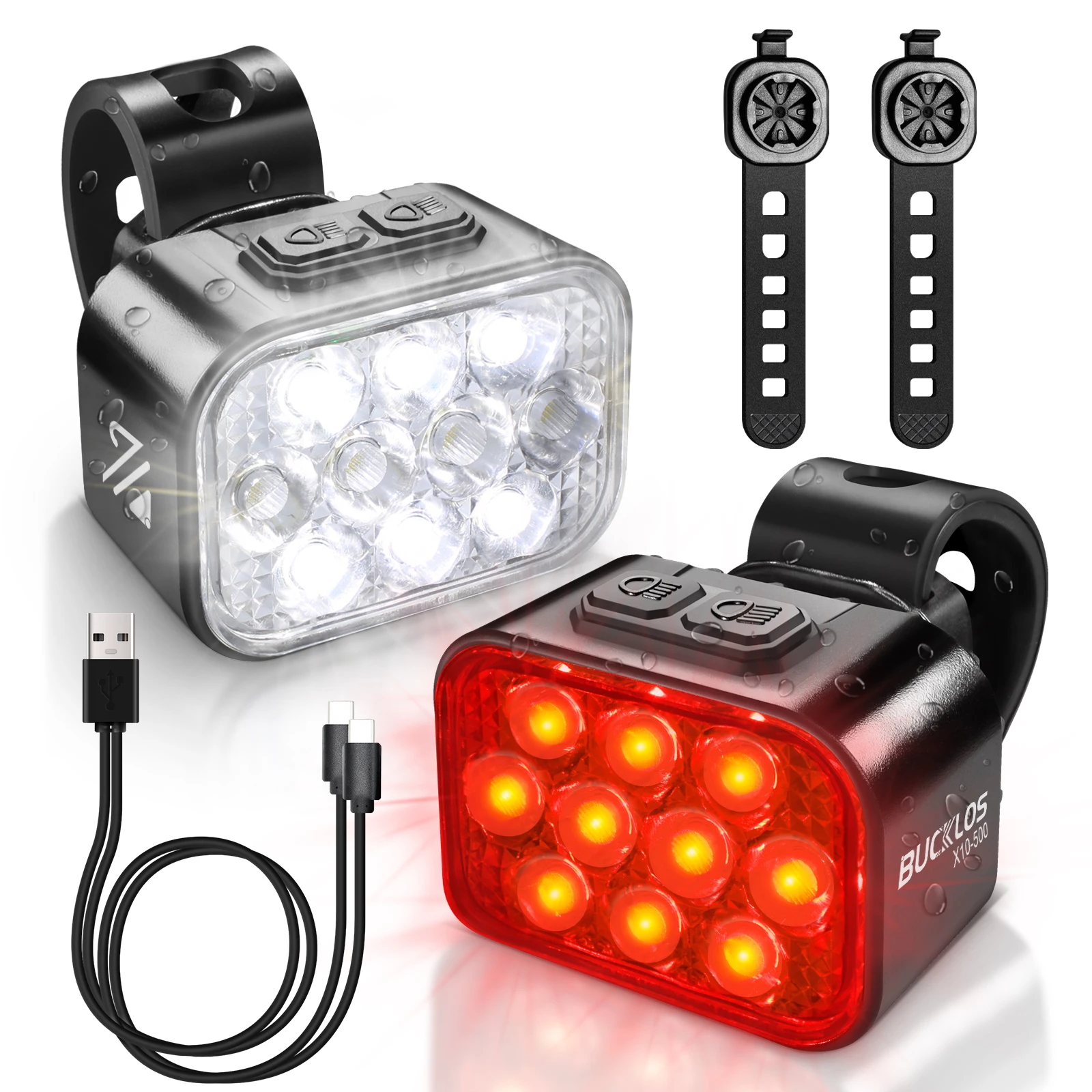 BUCKLOS Bike Lamp Set 1100mAh 350mAh Bicycle Front Tail Light USB Rechargeable Bicycle Headlight Taillight Ultralight Lights: Red