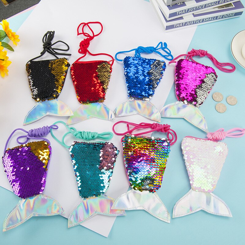 Cross border popular Mermaid tail Sequin hanging rope zero wallet children's slanting long rope coin bag small wallet