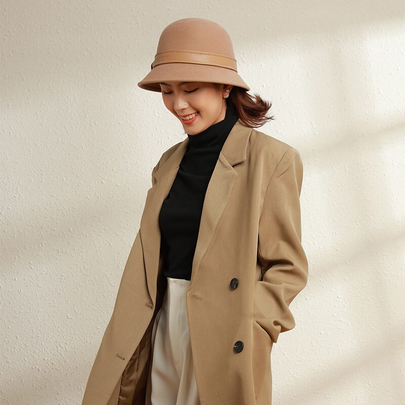Winter Leather Ribbon 100% Wool Fedora Hats Woman Felt Bucket Hat 55-58cm