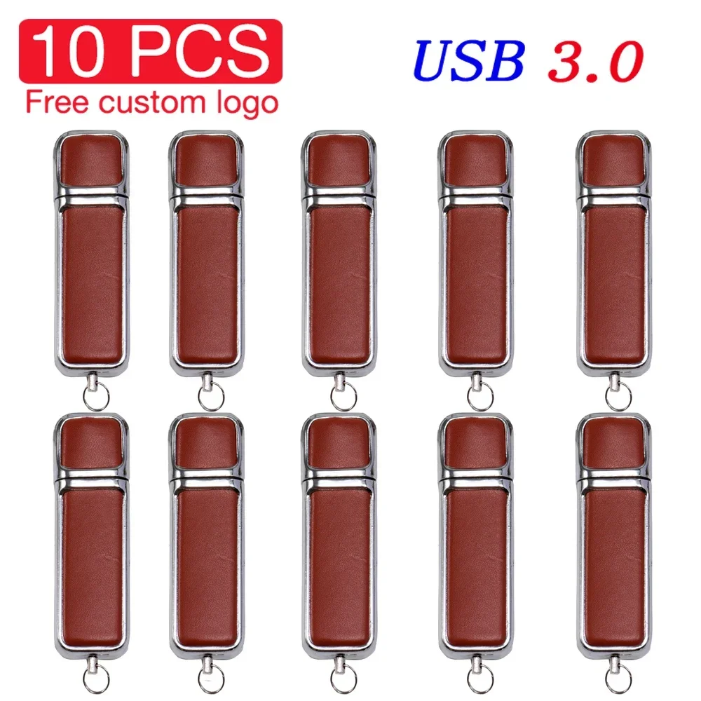 Unidad Flash USB 3,0 de cuero de alta velocidad, 128GB, 64GB, logotipo impreso personalizado gratis, memoria Flash, caja de de cumpleaños, 10 Uds.: Blanco / 16 GB