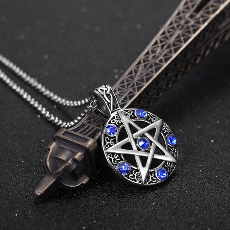 Pentagram Ronde Hollow Hanger Ketting Paar Mannen Vrouwen Ketting Blauwe Steen Ingelegd Viking Rune Accessoires Partij Sieraden