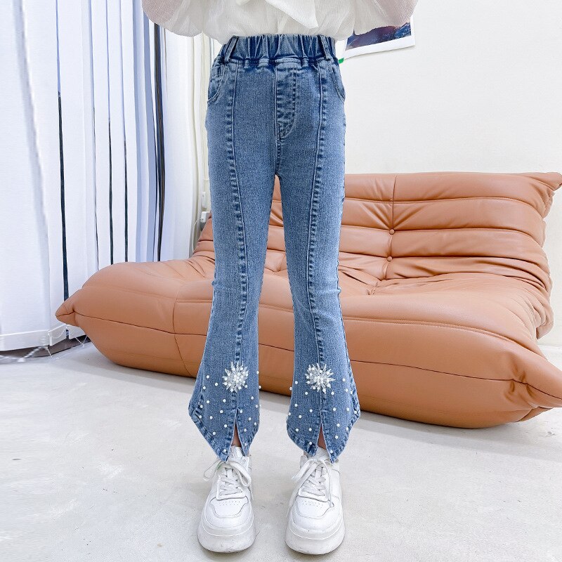 Mode Elastische Taille Jeans Meisje Kinderen Vintage Borduren Skinny Denim Broek Kinderen Esthetische Denim Broek Tiener Bodems
