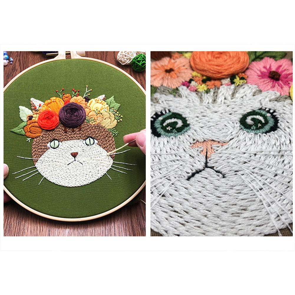 Kit de bordado a mano para principiantes, fácil punto de cruz con patrón de animales, gato, DIY, incluye hilo de Aro y herramienta de aguja