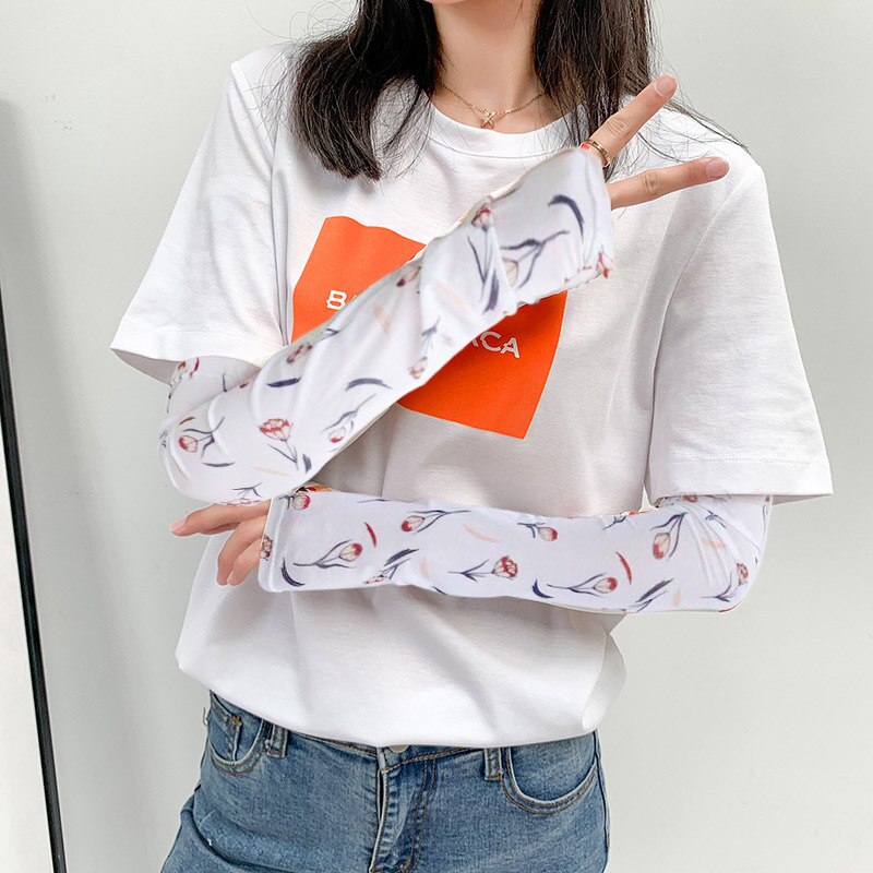 Is silke kold frugt blomster print solhandsker halvfinger fingerløse kørearmvarmere sport solcreme langærmet  c31