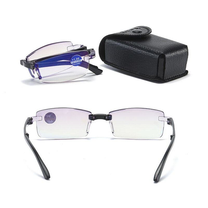 Smart zoom glasses folding diamond cut edge anti-blue reading glasses male frameless TR90 reading glasses portable box
