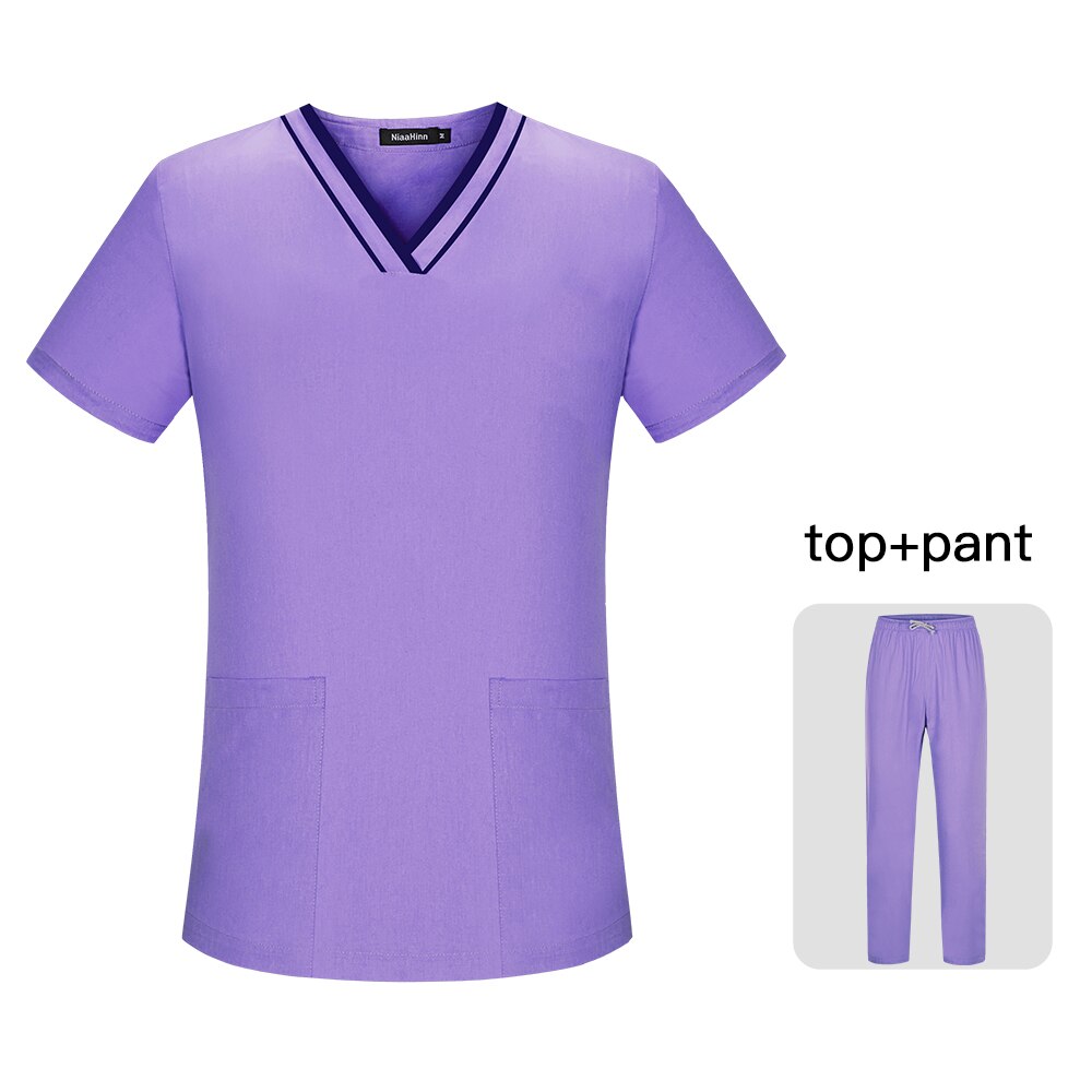 Gesundheit Service Arbeits Uniformen Kurzarm V-ausschnitt Peelings Anzug Tops + Hosen Scrubs Kleidung Männer Arbeitskleidung Scrubs Frauen Spa Uniformen: Purple / L