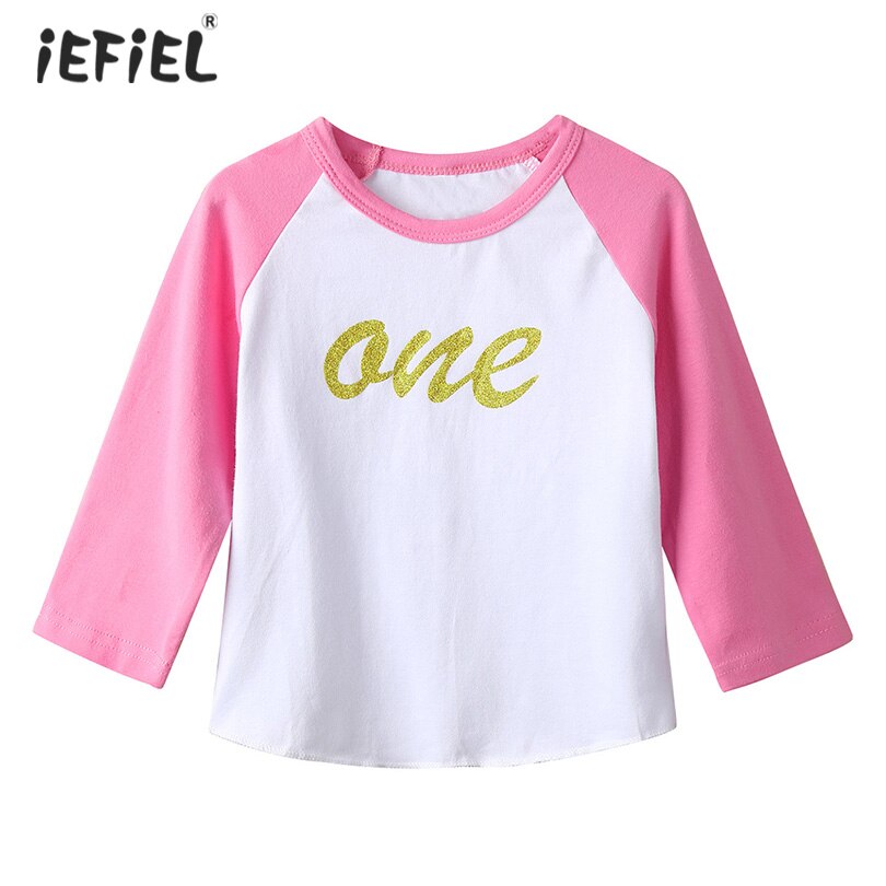 Mode Baby Meisjes Een Jaar Oud Verjaardag Loose Fit T-shirt Roze Raglanmouwen Zachte Katoenen Shirt Tops Pasgeboren Meisjes Kleding