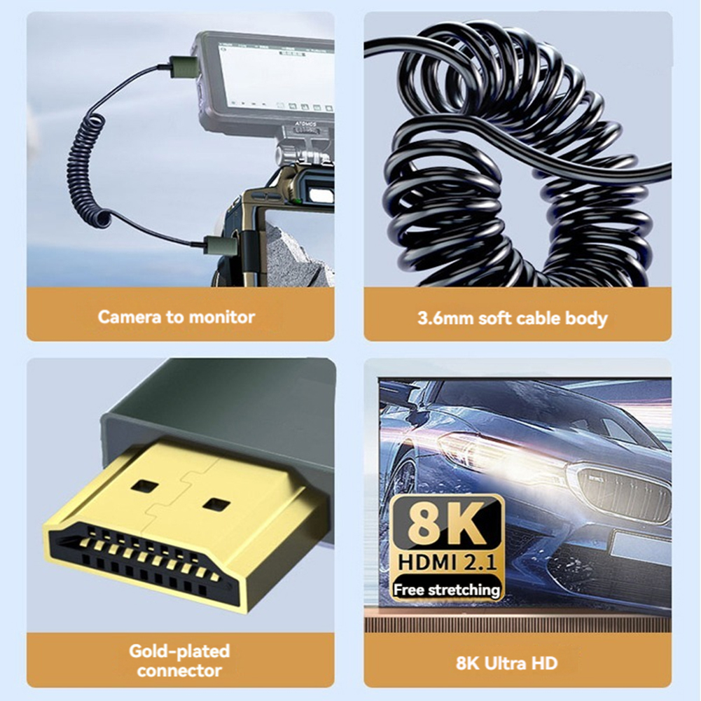Cable en espiral Compatible con HDMI, 8K, 48Gbps, Compatible con Cable Mini/Micro HD para cámara/videocámara/PC/Monitor