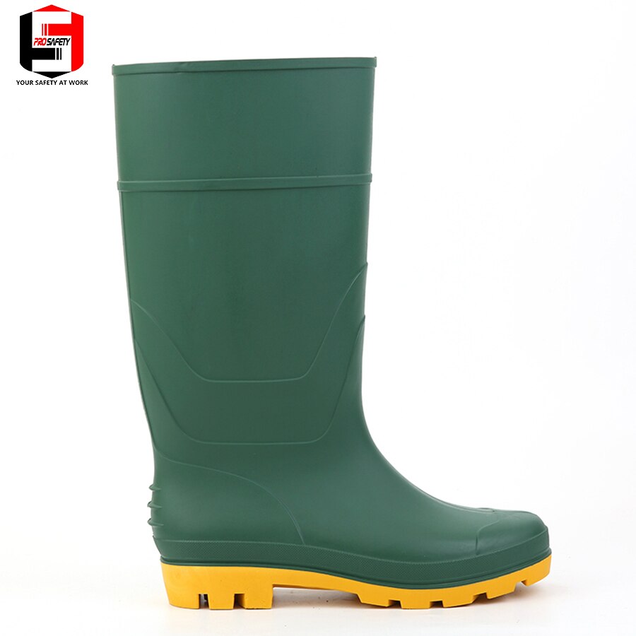 pvc rain boots for farming Green color yellow sole of shoe Industrial Safety Boots top low price waterpoof gum boots