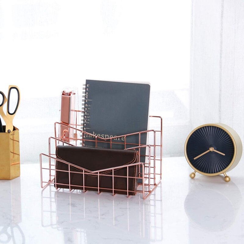 Letter Holder Business Office File Tray Metal Rose Gold Mail Envelope Vertical Organizer 3 Layer Hollow Out Rack