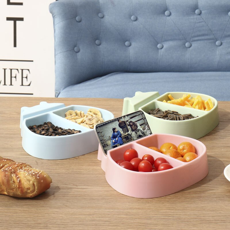 Plastic Fruit Plate Dish for Nuts Dry Fruits Lazy Snack Bowl Melon Seeds Candy Storage Box Organizer with Phone Holder