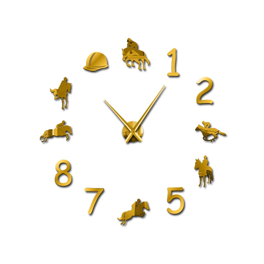 Cow-boys équestres bricolage grand nombre horloge murale moderne équitation sans cadre montre murale géant 3D miroir autocollant mural cavalier: Or / 47inch