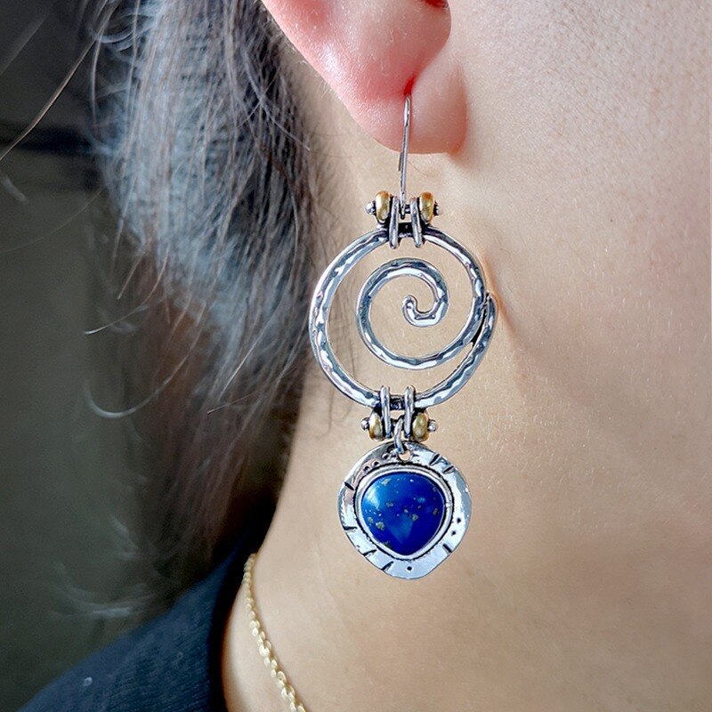Ethnische Handgemachte Kreative thailändisch Silber Lapis Lazuli Ohrringe retro Übertrieben Anhänger Ohrringe Partei Schmuck