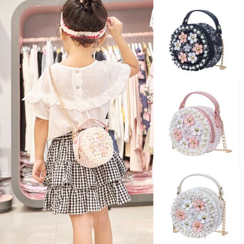 Cute Kid Girl Princess Handbag Sling Shoulder Bag PU Round Messenger Crossbody Purses Beading Stylish Zipper Wallets