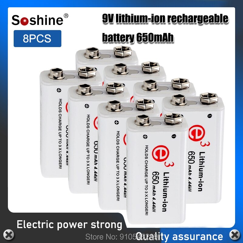 Soshine 6F22 650mAh 9V Li-ion Rechargeable Battery with Portable Battery Box for Multimeter / Wireless Microphone / Alarm: 8PCS