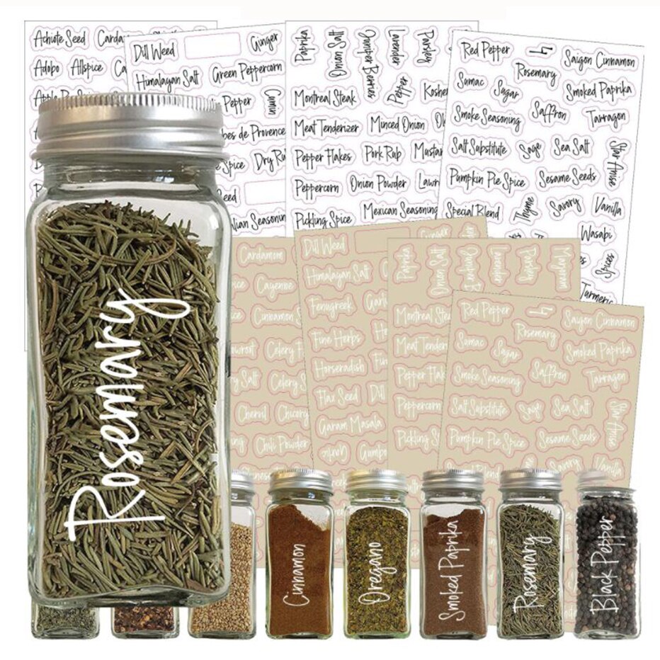 8 Sheets Label Stickers Kitchen Black and White Pantry Stickers Preprinted Label for Spice Jar Mason Bottles