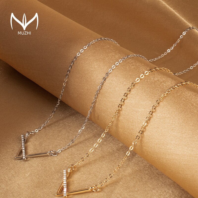 MUZHI – collier avec pendentif en forme de V pour femme, bijou Simple en titane et acier, chaîne en strass, ras du cou, d'anniversaire pour fille