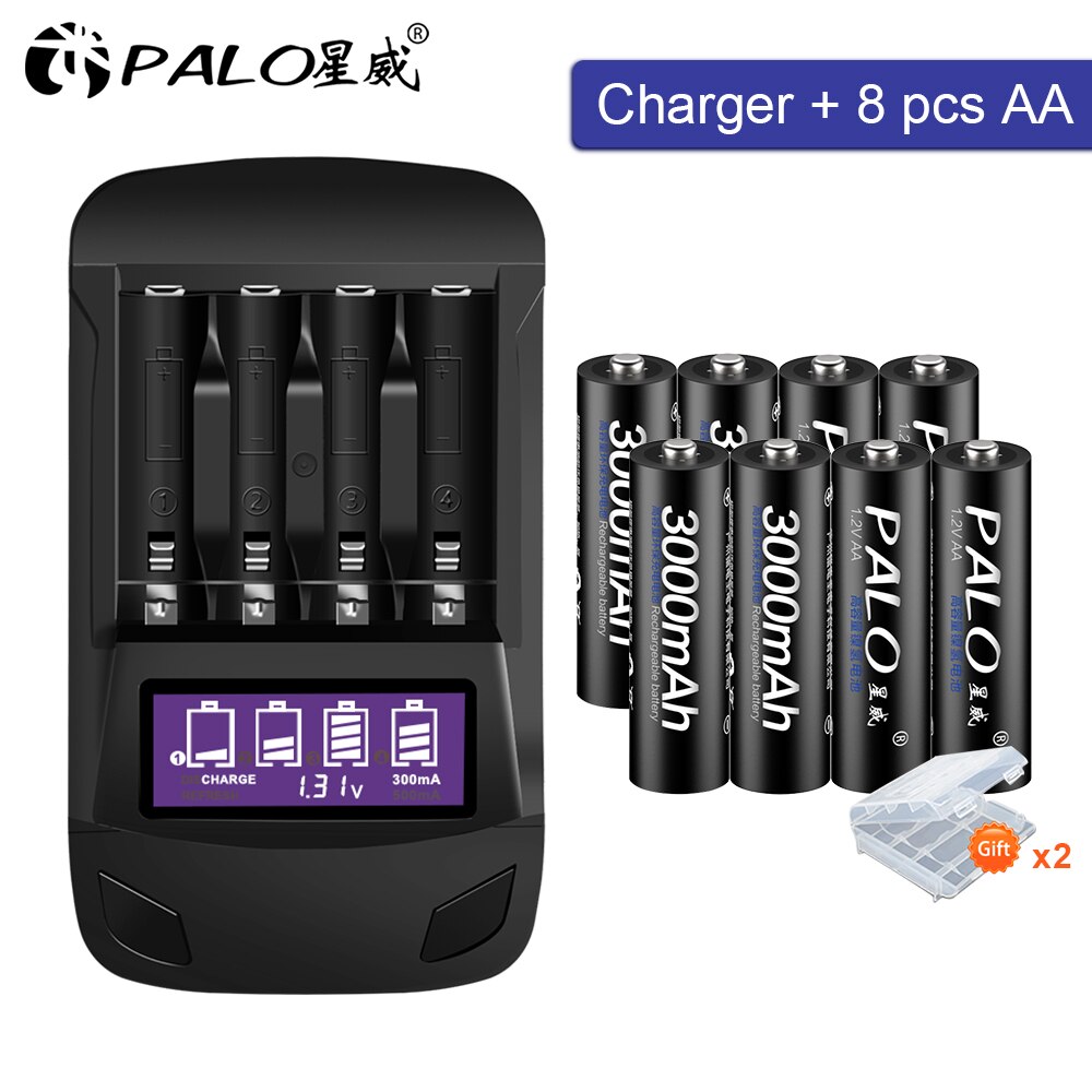 Pila AA recargable, AA NiMH 1,2 V 2A, batería prealimentada, pilas aa de baja autodescarga y cargador de batería inteligente para AA AAA: 8AA and charger