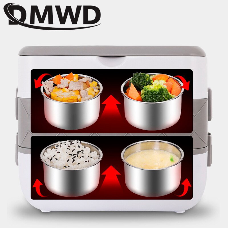 110V/220V Portable Electric Thermal Heating Lunch Box Rice Cooker 2/4 Liner Cooking Pot Stainless Steel Meal Warmer Food Steamer