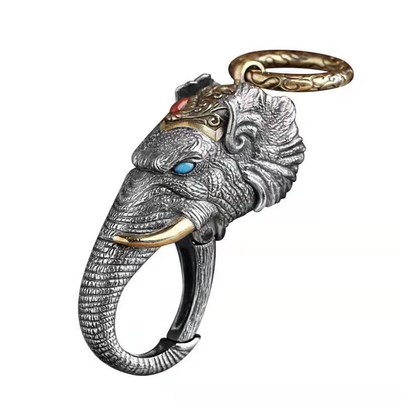 RetroSen Silver Manual Elephant God Of Wealth Pendant Ring Buckle Car Keychain Personality Creativity Vintage Silverware