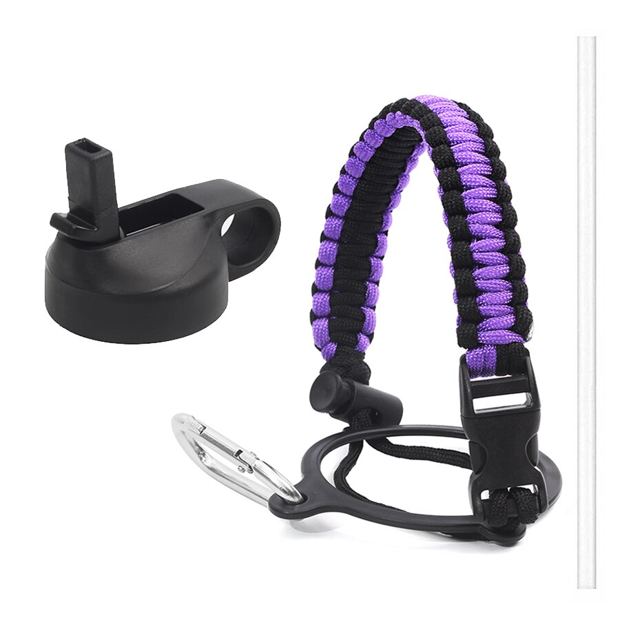 Hydro Flask Thermos Wide Mouth Bottle Safety Ring and Carabiner Paracord Handle with Insulated Wide Mouth Cap + Water Cup Strap: Black purple
