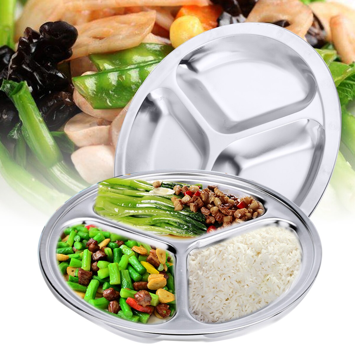 1pc Stainless Steel Dish 22/24/26cm 3 Sections Round Divided Dishes Snack Dinner Plate Kitchen Dinnerware