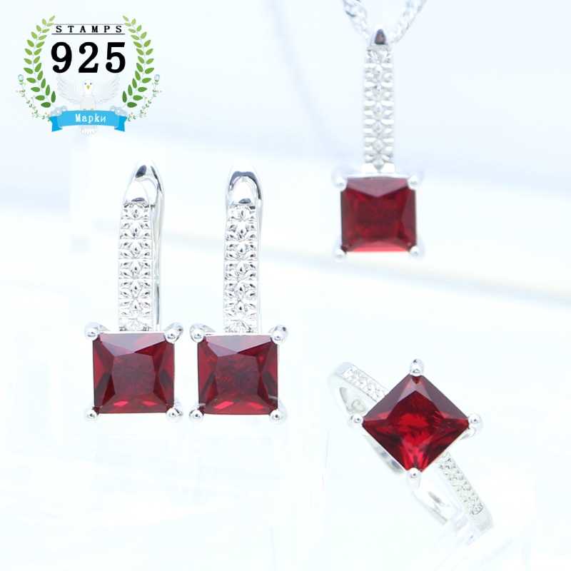 Mujer pendientes anillo colgante collar 925 joyería de plata cuadrado granate piedra roja conjunto de joyas accesorios de boda: Ruby