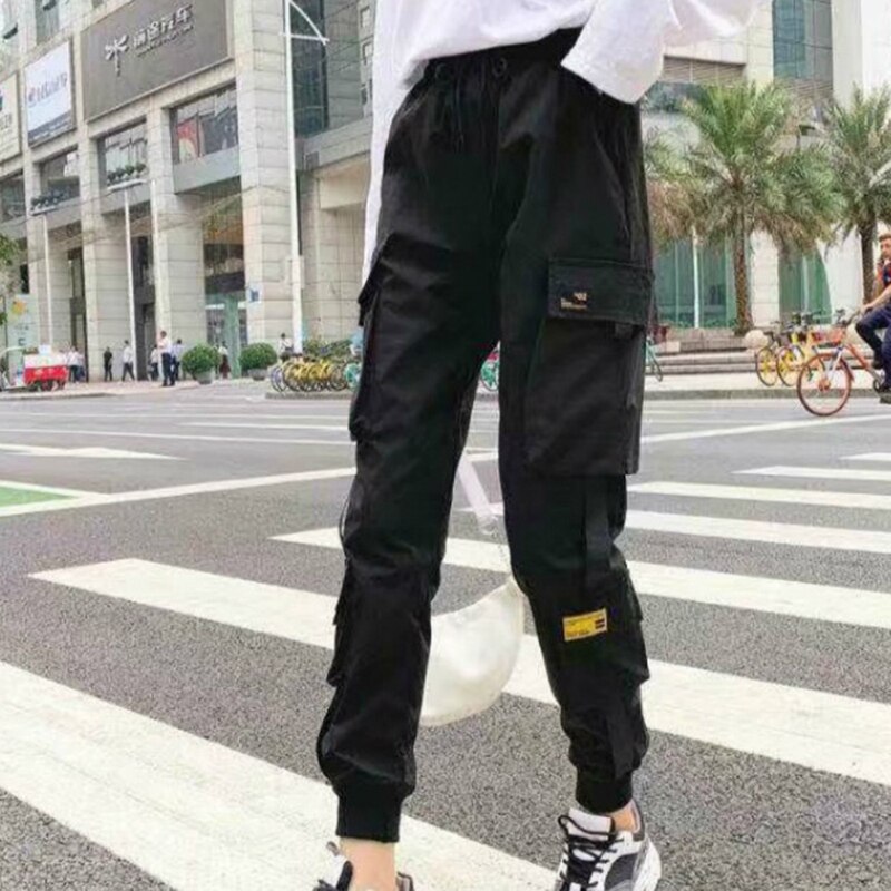 lässig Frauen Lauf Hosen Streetwear Ladung-Schlauch Schwarz Elastische Taille breite bein Jogger Hosen Weibliche verlieren Haren ausgebeult Hosen