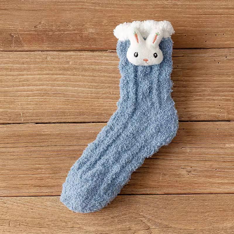 Coral Fleece Women Socks Bow rabbit Bear Candy Winter Thickening Cute Mid-tube Sock Ladies Home Bed Floor Slipper Sox: lan-tu
